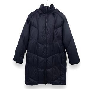 VINCE Quilted Shell Down Hooded Coat Jacket M Zip Up Knee Length Puffer Blue NWT